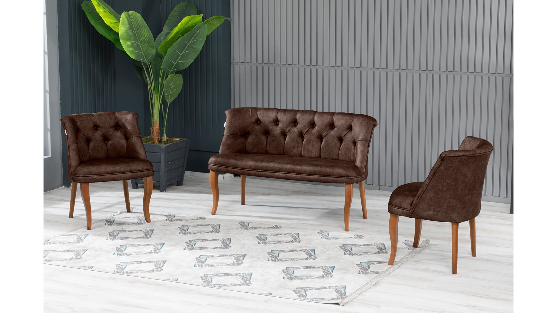 Roma Kolsuz Çay Seti Koltuk Takımı Nubuk Kumaş Kahve Ahşap Ayak Kahve