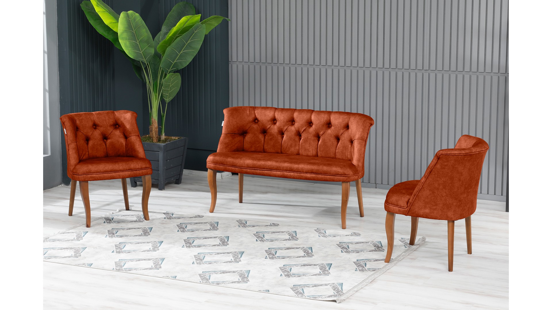 Roma Kolsuz Çay Seti Koltuk Takımı Nubuk Kumaş Kahve Ahşap Ayak Kiremit