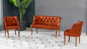 Roma Kolsuz Çay Seti Koltuk Takımı Nubuk Kumaş Kahve Ahşap Ayak Kiremit