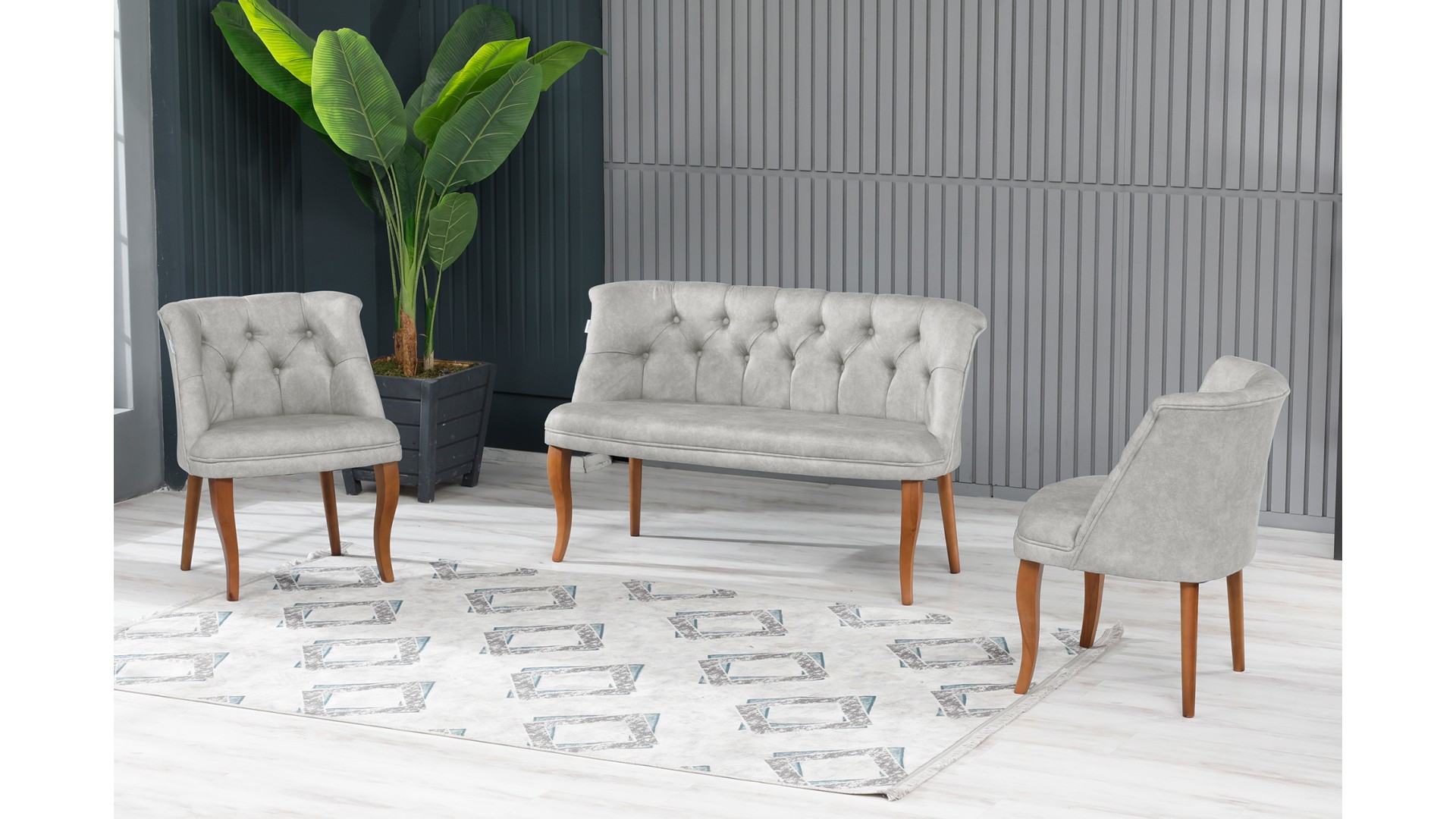 Roma Kolsuz Çay Seti Koltuk Takımı Nubuk Kumaş Kahve Ahşap Ayak Krem