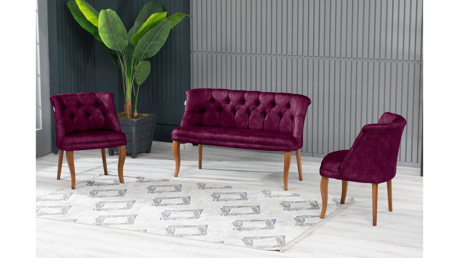 Roma Kolsuz Çay Seti Koltuk Takımı Nubuk Kumaş Kahve Ahşap Ayak Mürdüm