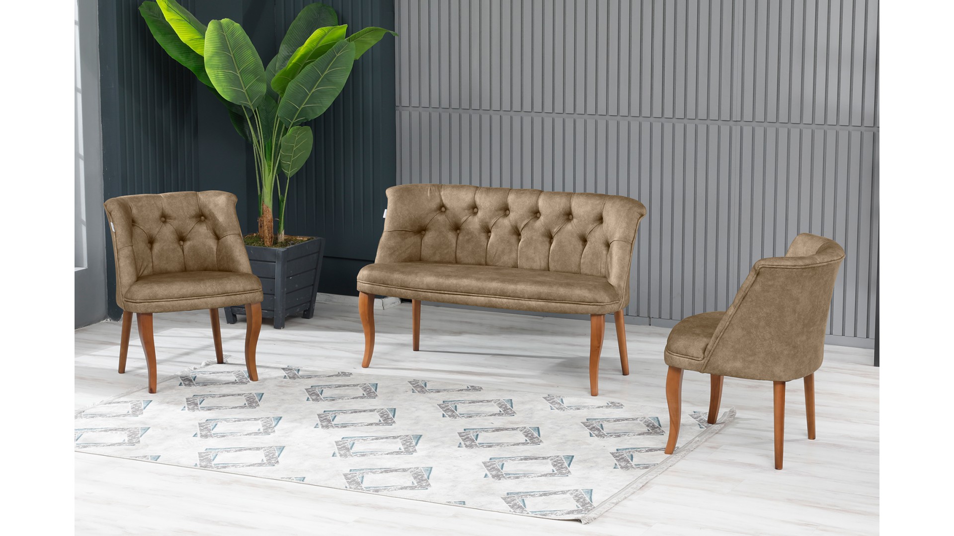 Roma Kolsuz Çay Seti Koltuk Takımı Nubuk Kumaş Kahve Ahşap Ayak Füme