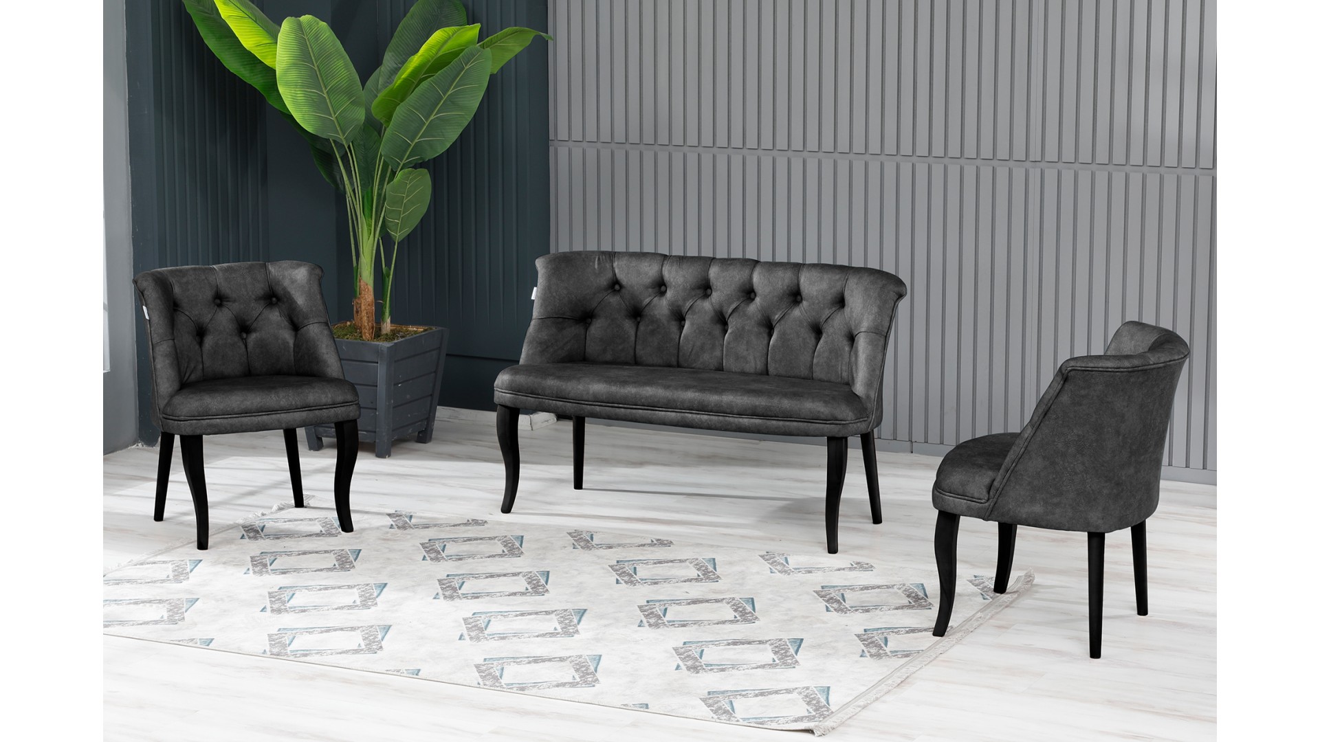 Roma Kolsuz Çay Seti Koltuk Takımı Nubuk Kumaş Siyah Ahşap Ayak Füme