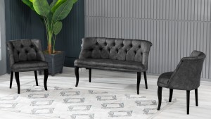 Roma Kolsuz Çay Seti Koltuk Takımı Nubuk Kumaş Siyah Ahşap Ayak Füme