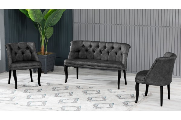 Roma Kolsuz Çay Seti Takımı Nubuk Kumaş Ahşap Siyah Ayak Füme