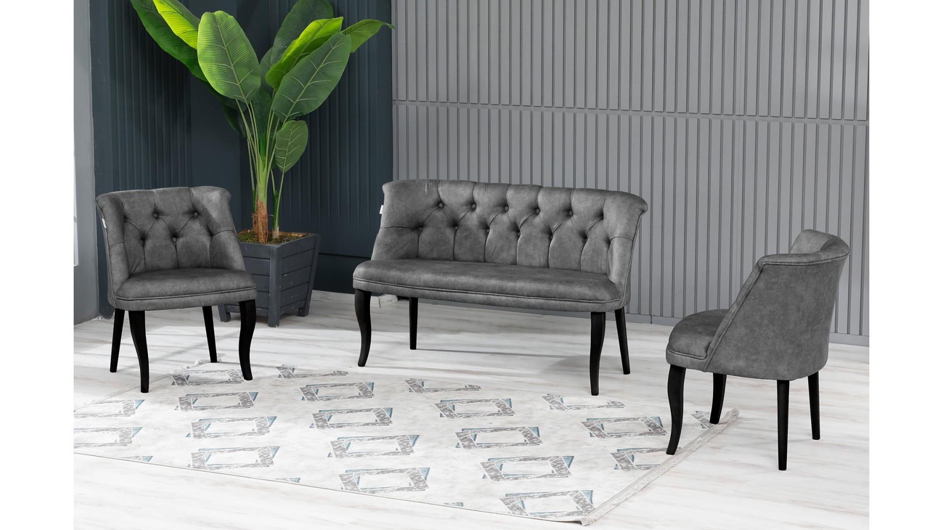 Roma Kolsuz Çay Seti Koltuk Takımı Nubuk Kumaş Ahşap Ahşap Ayak Gri