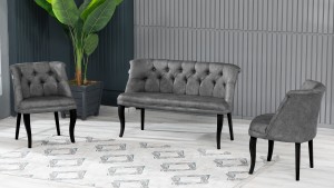 Roma Kolsuz Çay Seti Koltuk Takımı Nubuk Kumaş Ahşap Ahşap Ayak Gri