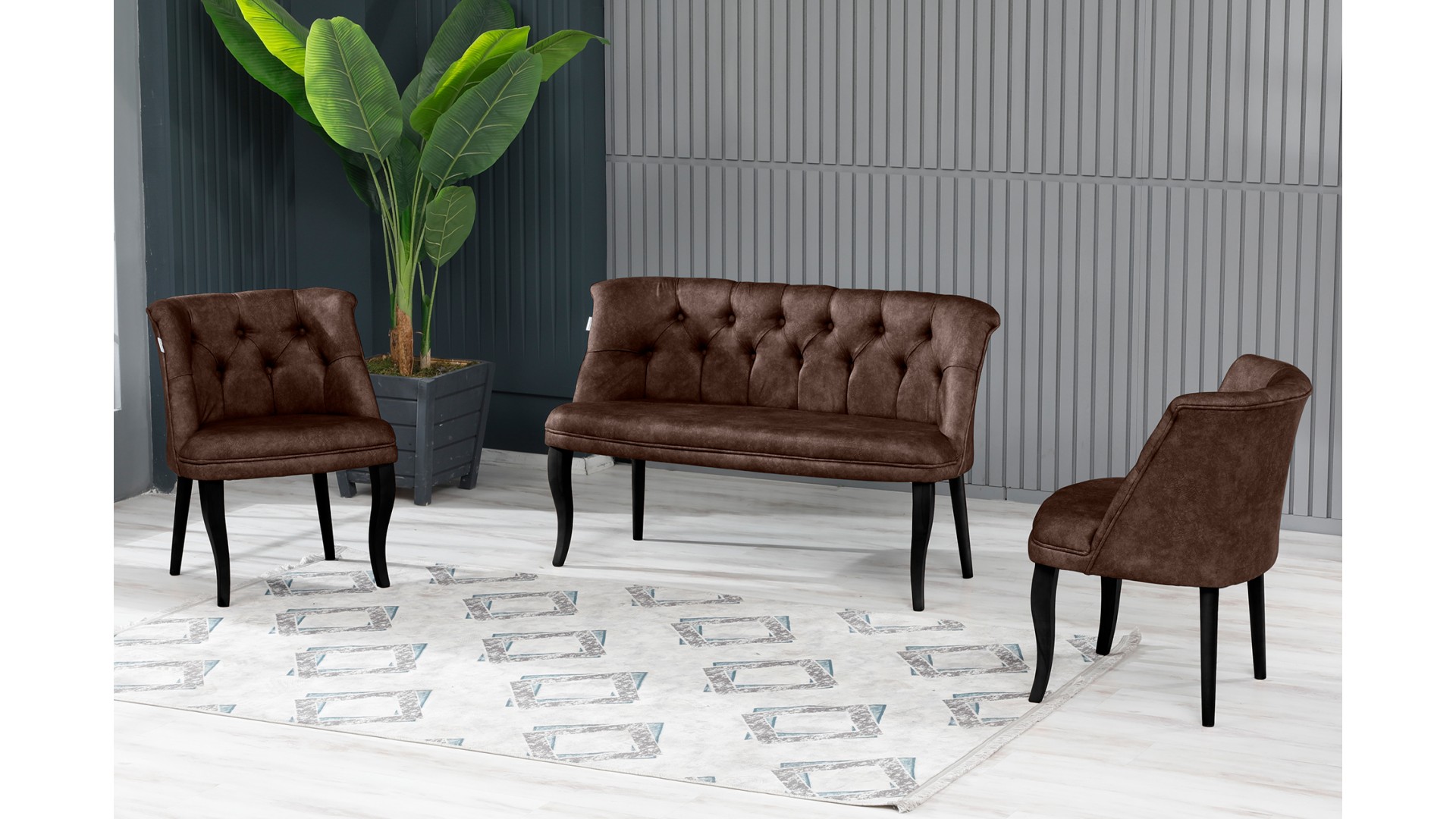 Roma Kolsuz Çay Seti Koltuk Takımı Nubuk Kumaş Ahşap Ahşap Ayak Kahve