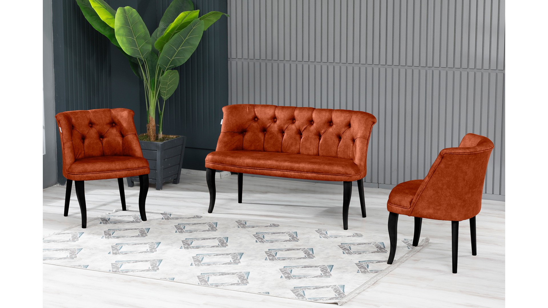 Roma Kolsuz Çay Seti Koltuk Takımı Nubuk Kumaş Ahşap Ahşap Ayak Kiremit