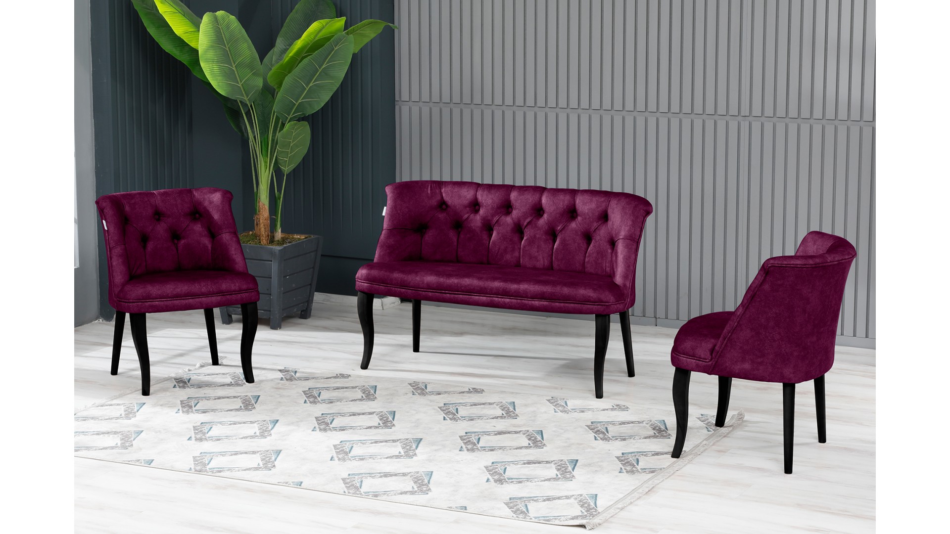 Roma Kolsuz Çay Seti Koltuk Takımı Nubuk Kumaş Ahşap Ahşap Ayak Mürdüm