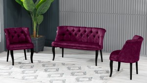 Roma Kolsuz Çay Seti Koltuk Takımı Nubuk Kumaş Ahşap Ahşap Ayak Mürdüm