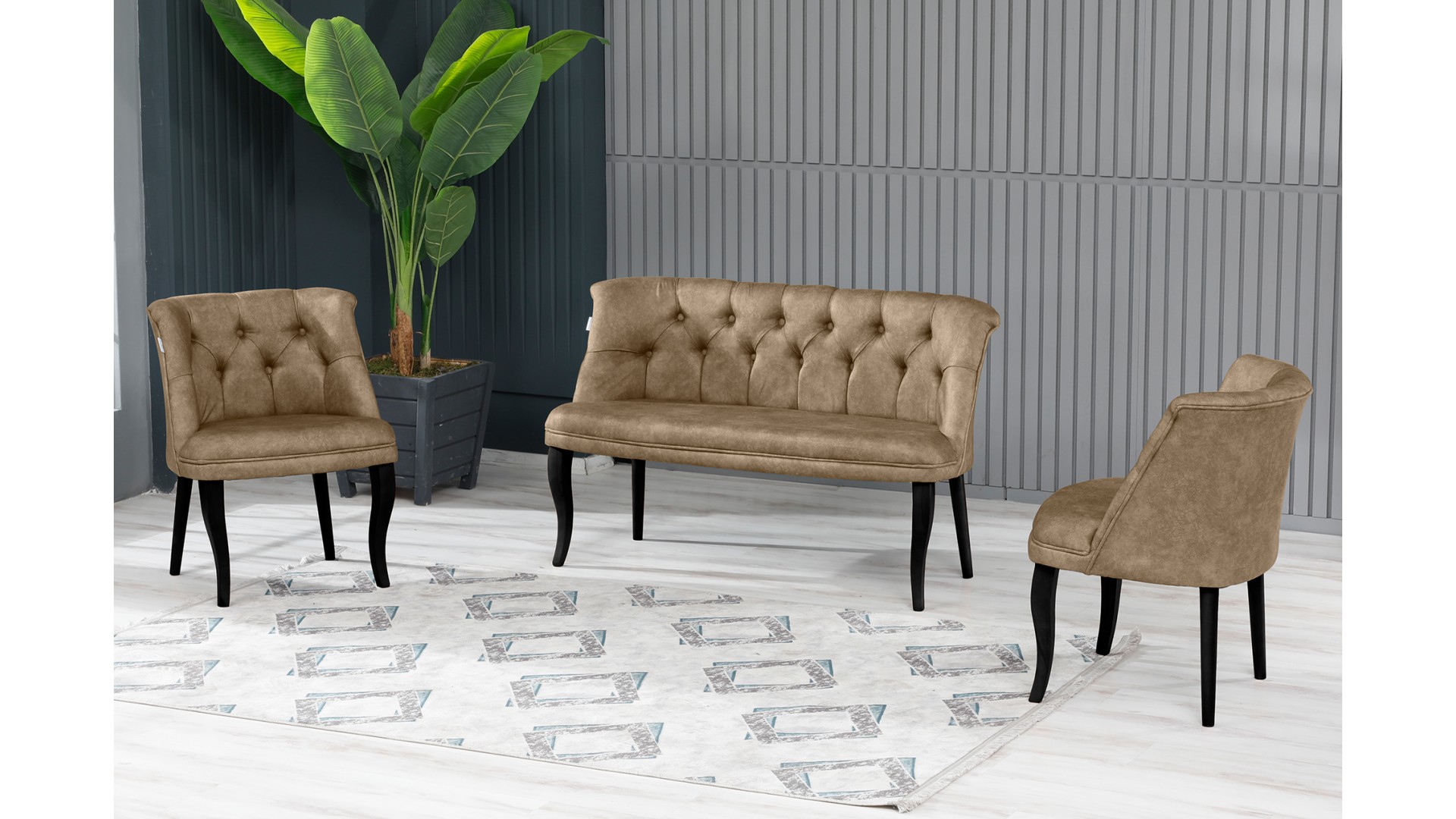 Roma Kolsuz Çay Seti Koltuk Takımı Nubuk Kumaş Ahşap Ahşap Ayak Sütlü Kahve