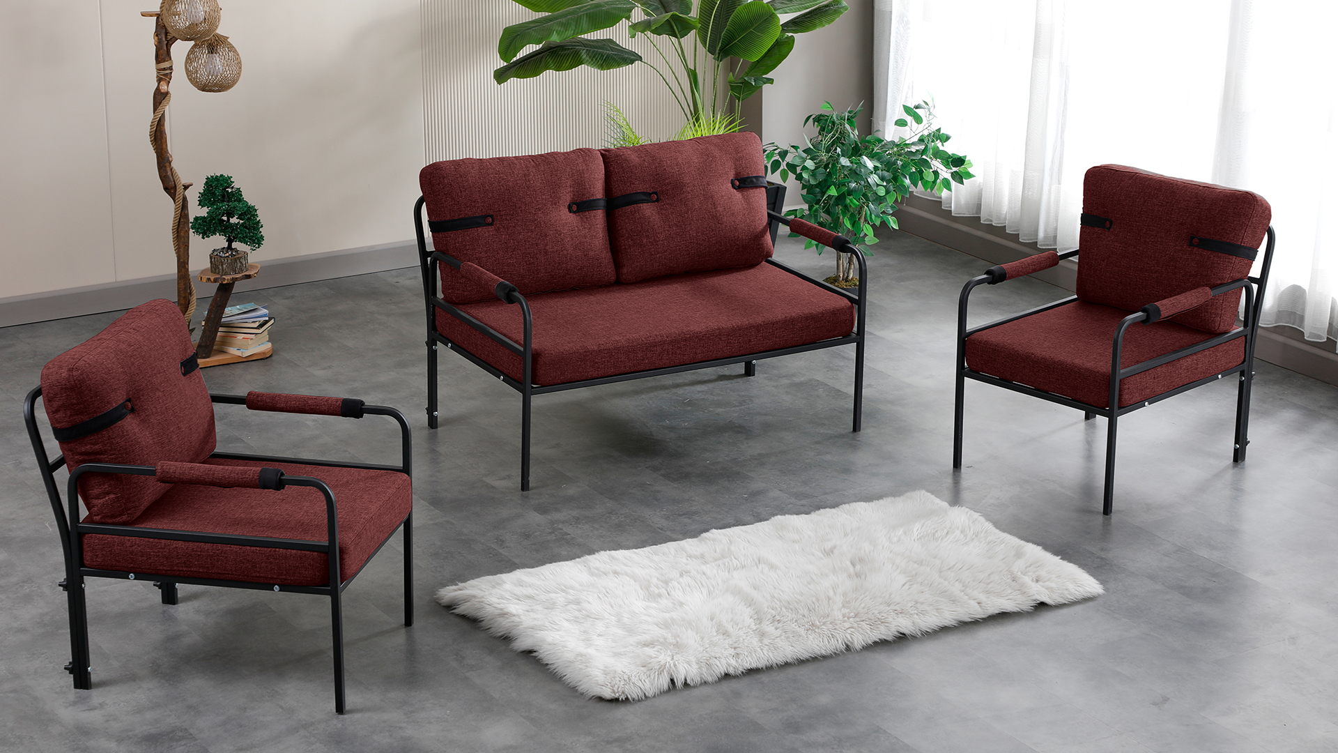 Armens Linda Balkon,Bahçe Mobilyası,Cafe,Metal Koltuk Takımı 1 ikili 2 Tekli Bordo