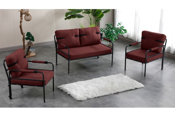 Linda Balkon, Bahçe Mobilyası, Cafe, Metal Koltuk Takımı 1 ikili 2 Tekli Bordo