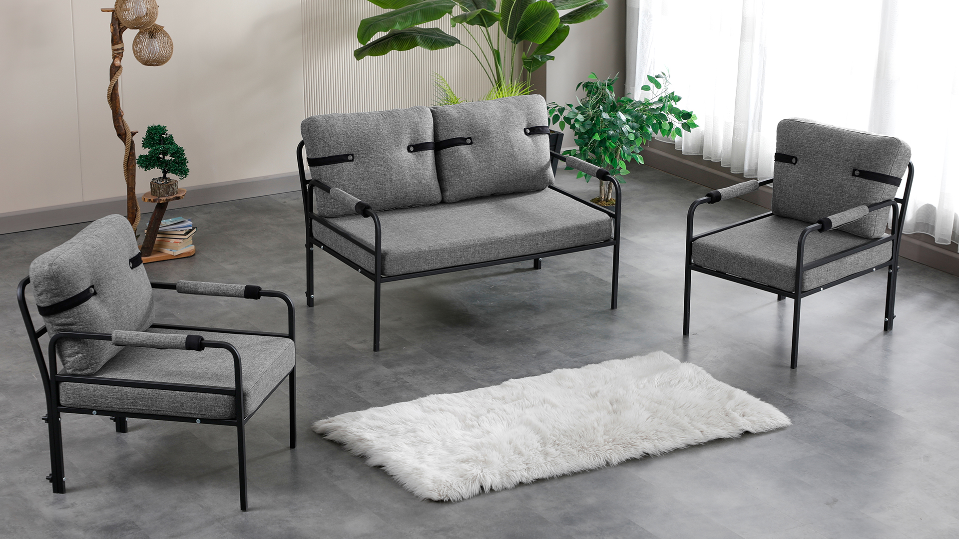 Armens Linda Balkon,Bahçe Mobilyası,Cafe,Metal Koltuk Takımı 1 ikili 2 Tekli Gri