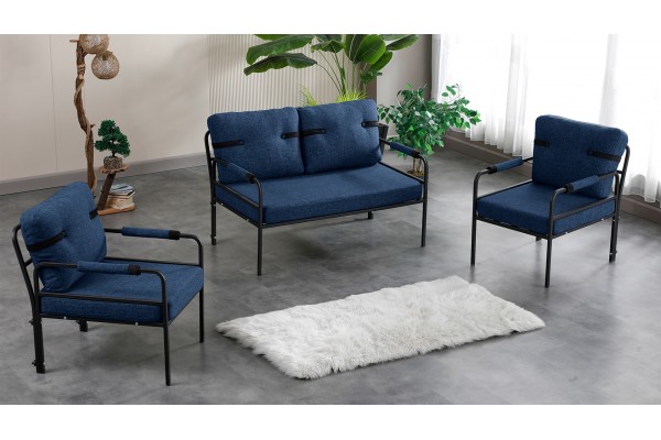 Linda Balkon, Bahçe Mobilyası, Cafe, Metal Koltuk Takımı 1 ikili 2 Tekli Lacivert