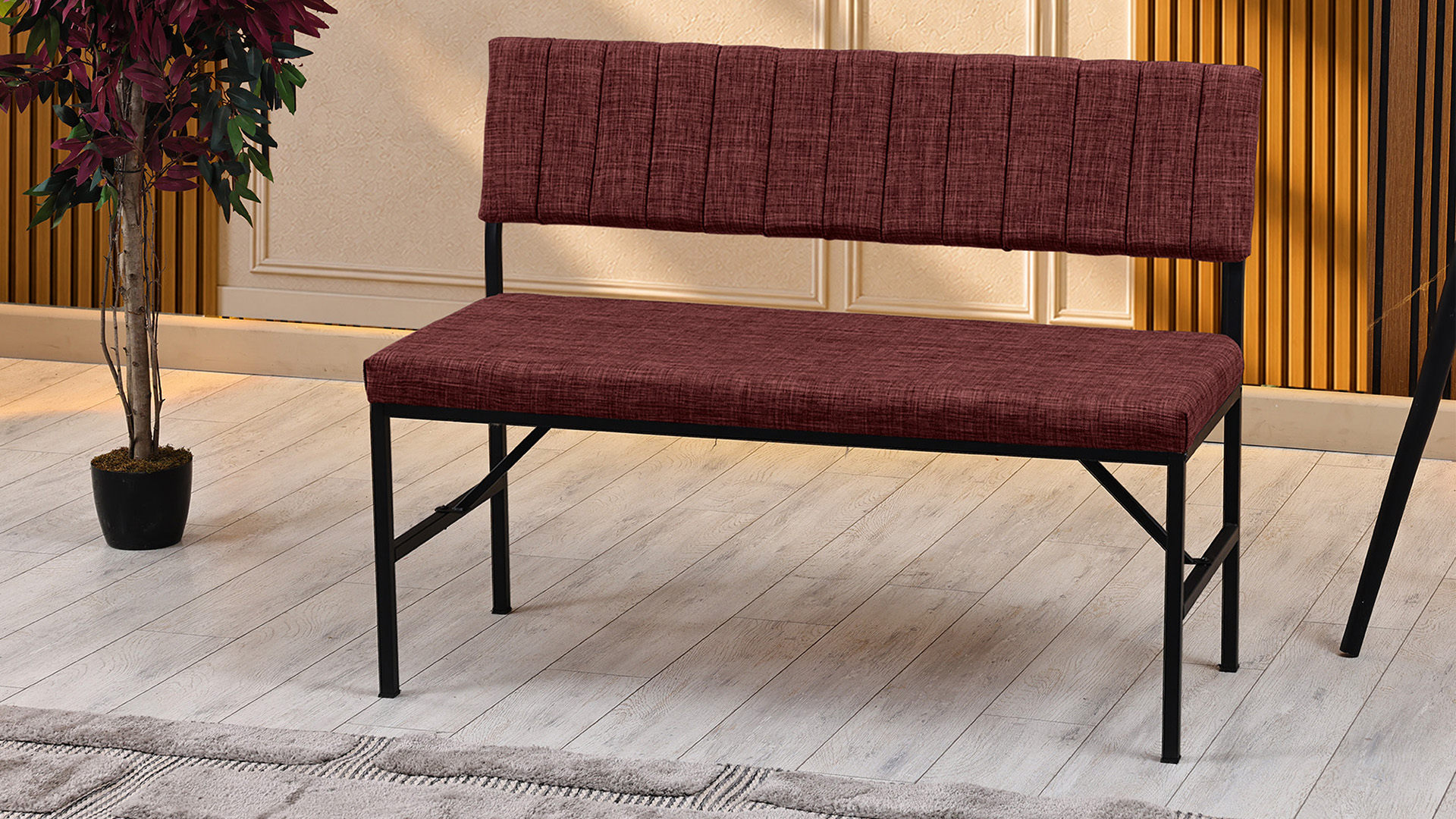 Melody Keten Kumaşlı Metal Mutfak Bankı – 110 cm Yemek Masası Bench Bordo