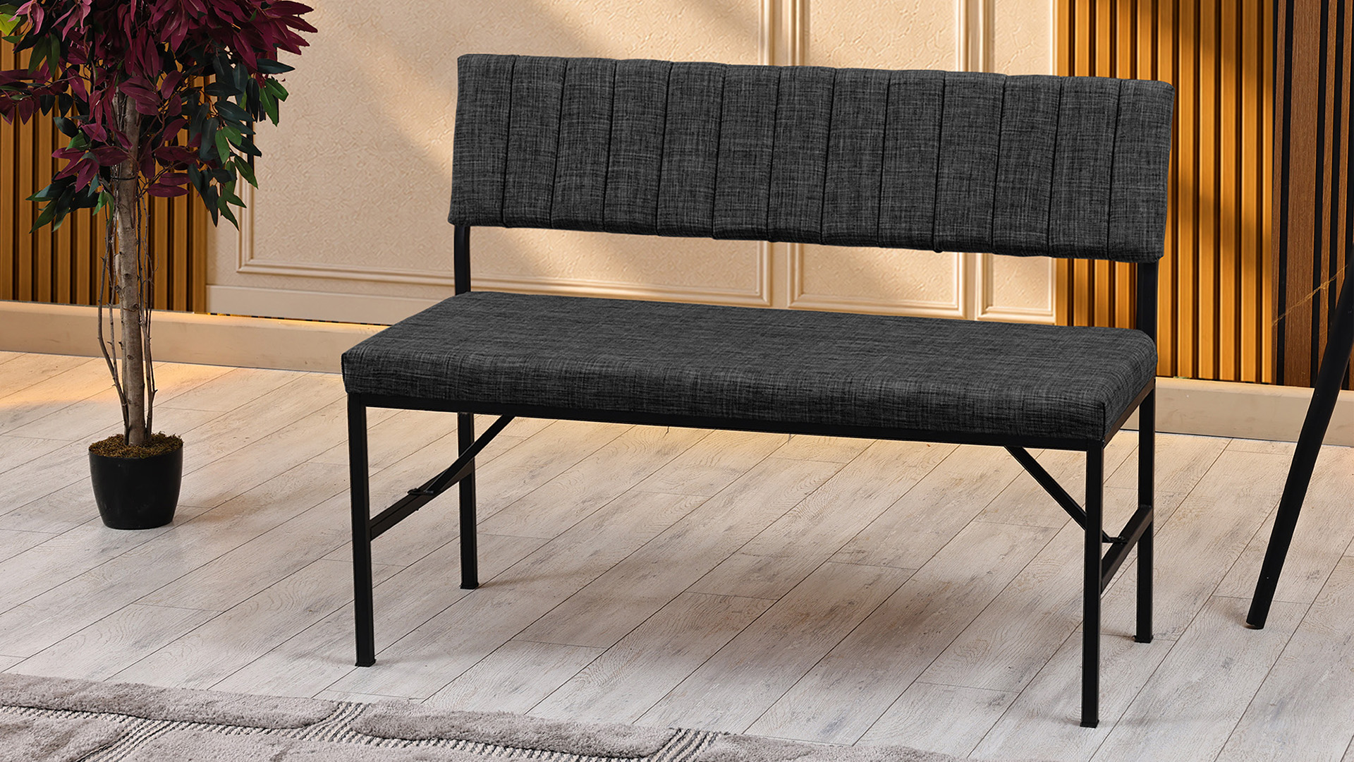 Melody Keten Kumaşlı Metal Mutfak Bankı – 110 cm Yemek Masası Bench Antrasit