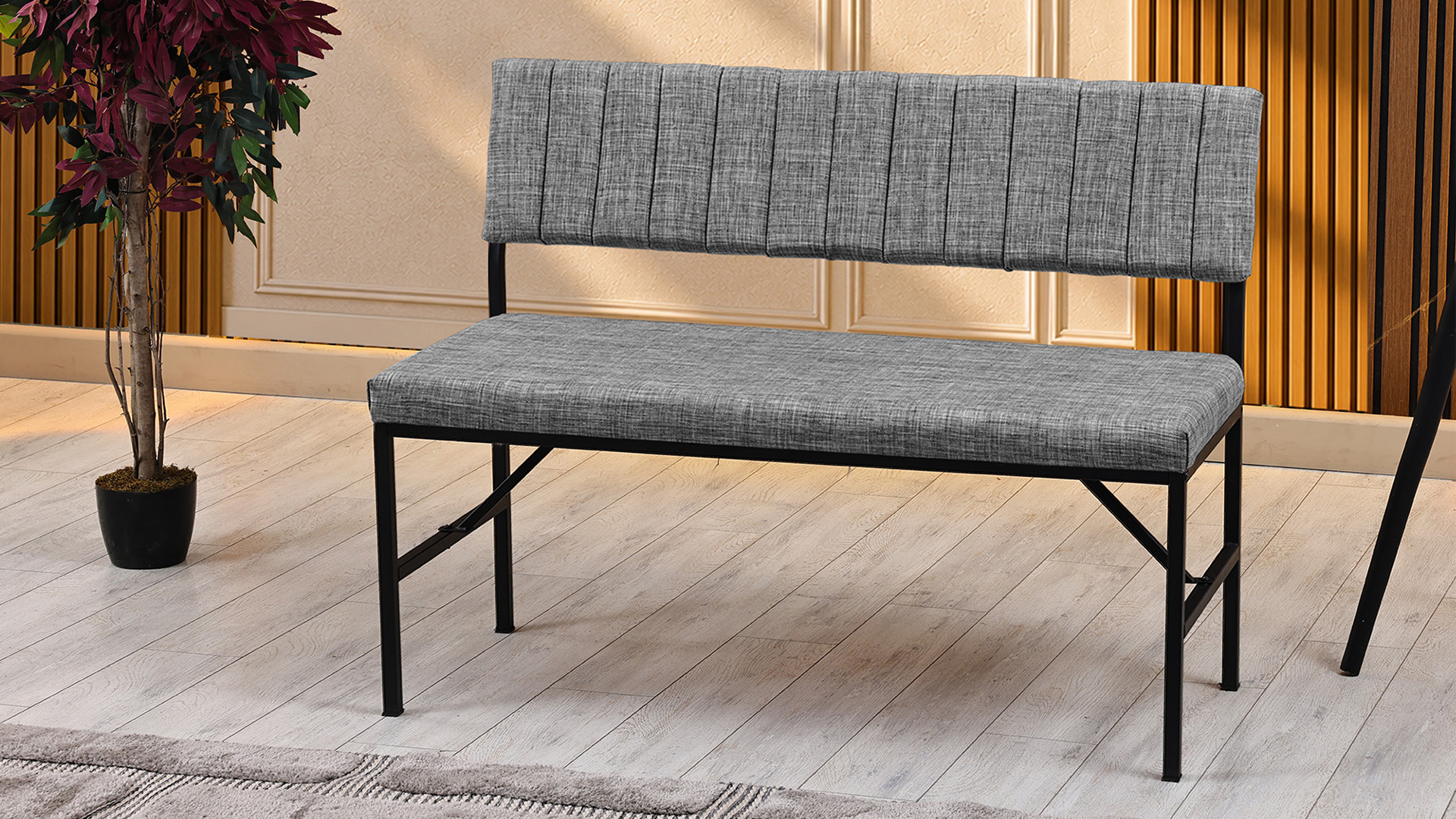 Melody Keten Kumaşlı Metal Mutfak Bankı – 110 cm Yemek Masası Bench Gri