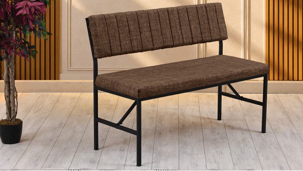 Melody Keten Kumaşlı Metal Mutfak Bankı – 110 cm Yemek Masası Bench Kahve