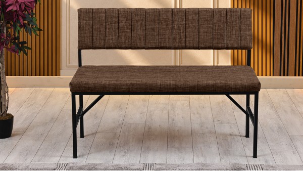Melody Keten Kumaşlı Metal Mutfak Bankı – 110 cm Yemek Masası Bench Kahve
