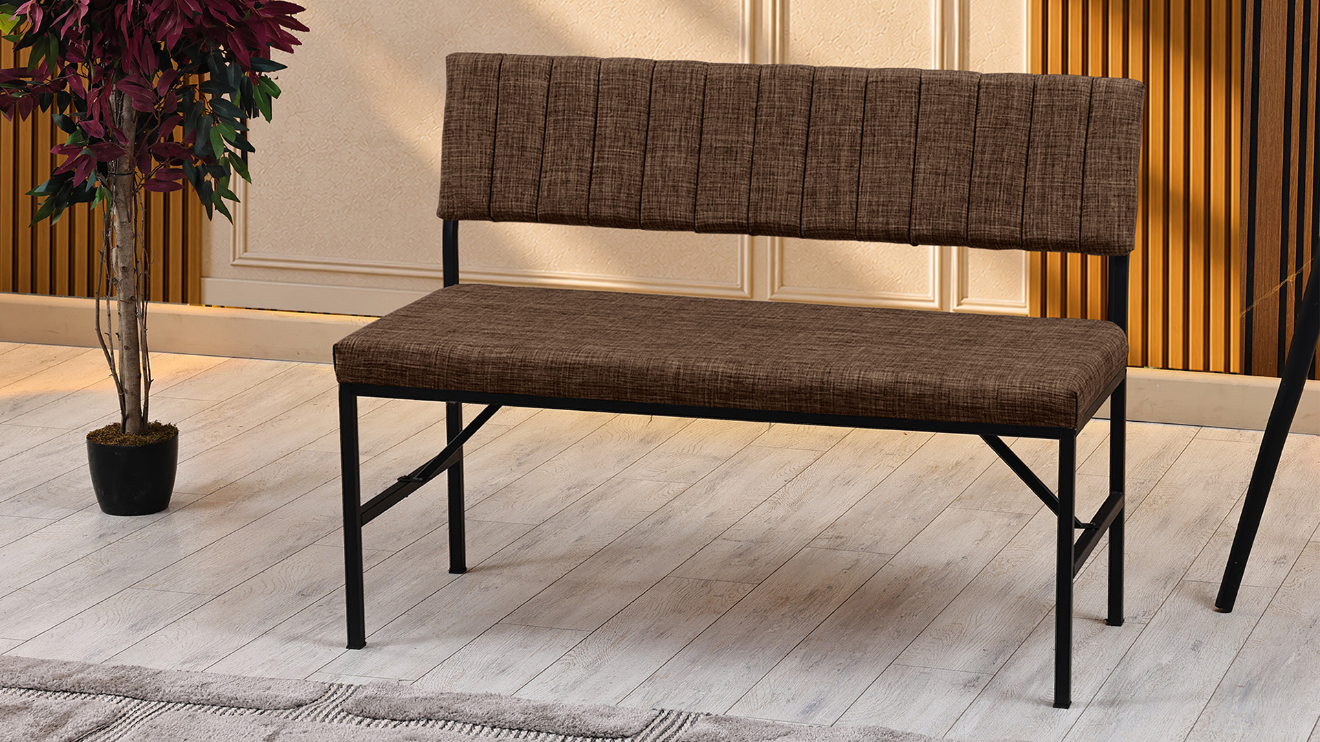 Melody Keten Kumaşlı Metal Mutfak Bankı – 110 cm Yemek Masası Bench Kahve
