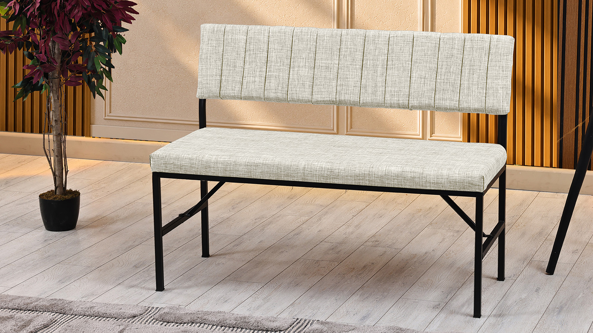 Melody Keten Kumaşlı Metal Mutfak Bankı – 110 cm Yemek Masası Bench Krem