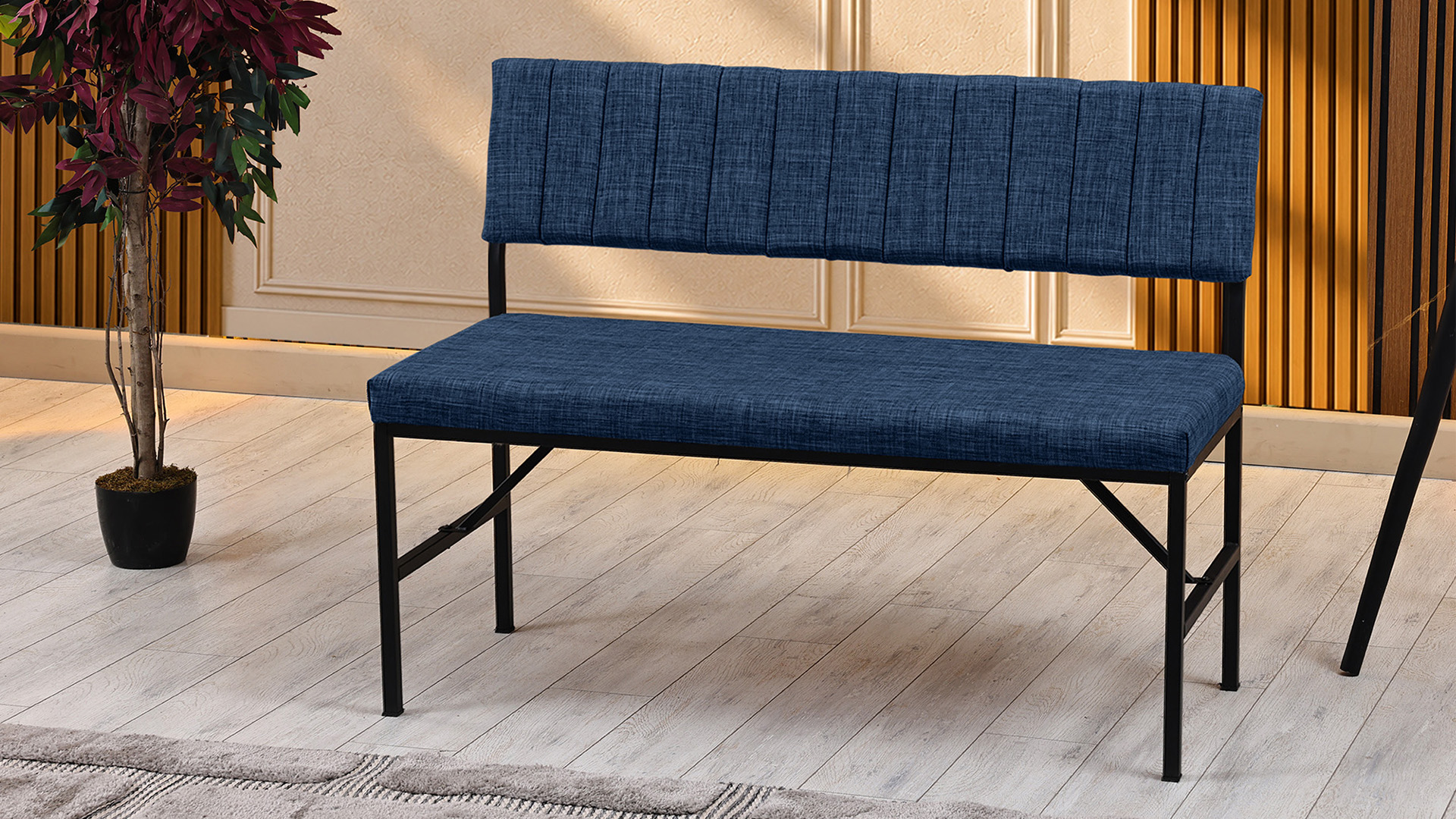 Melody Keten Kumaşlı Metal Mutfak Bankı – 110 cm Yemek Masası Bench Lacivert