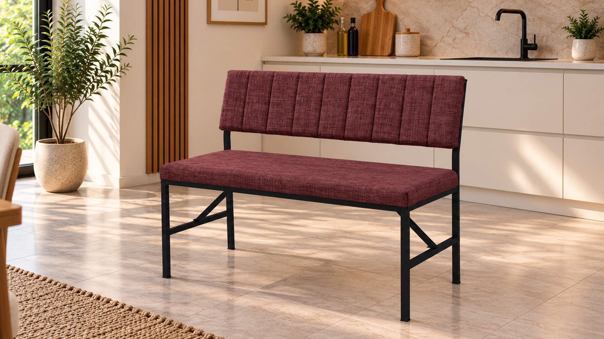 Melody Bordo kumaşlı metal bench oturma bankı
