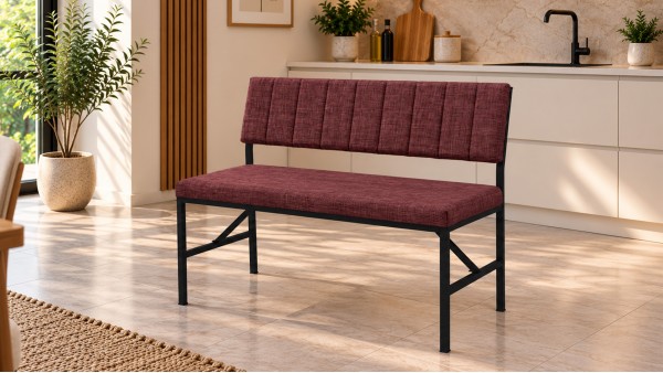 Melody Keten Kumaşlı Metal Mutfak Bankı – 90 cm Yemek Masası Bench Bordo