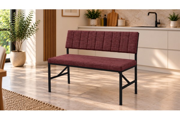 Melody Keten Kumaşlı Metal Mutfak Bankı – 90 cm Yemek Masası Bench Bordo