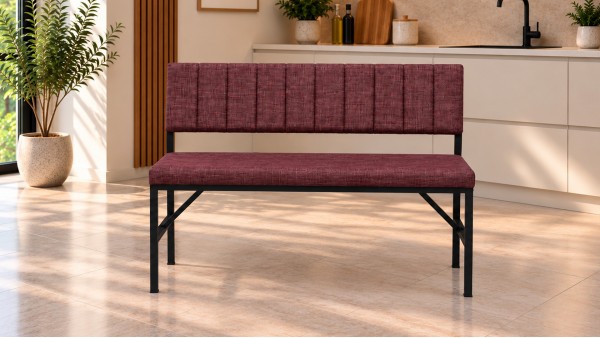 Melody Keten Kumaşlı Metal Mutfak Bankı – 90 cm Yemek Masası Bench Bordo