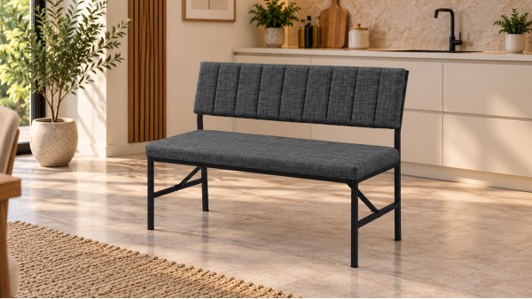 Melody Keten Kumaşlı Metal Mutfak Bankı – 90 cm Yemek Masası Bench Antrasit