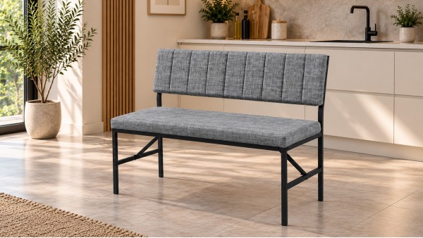 Melody Keten Kumaşlı Metal Mutfak Bankı – 90 cm Yemek Masası Bench Gri
