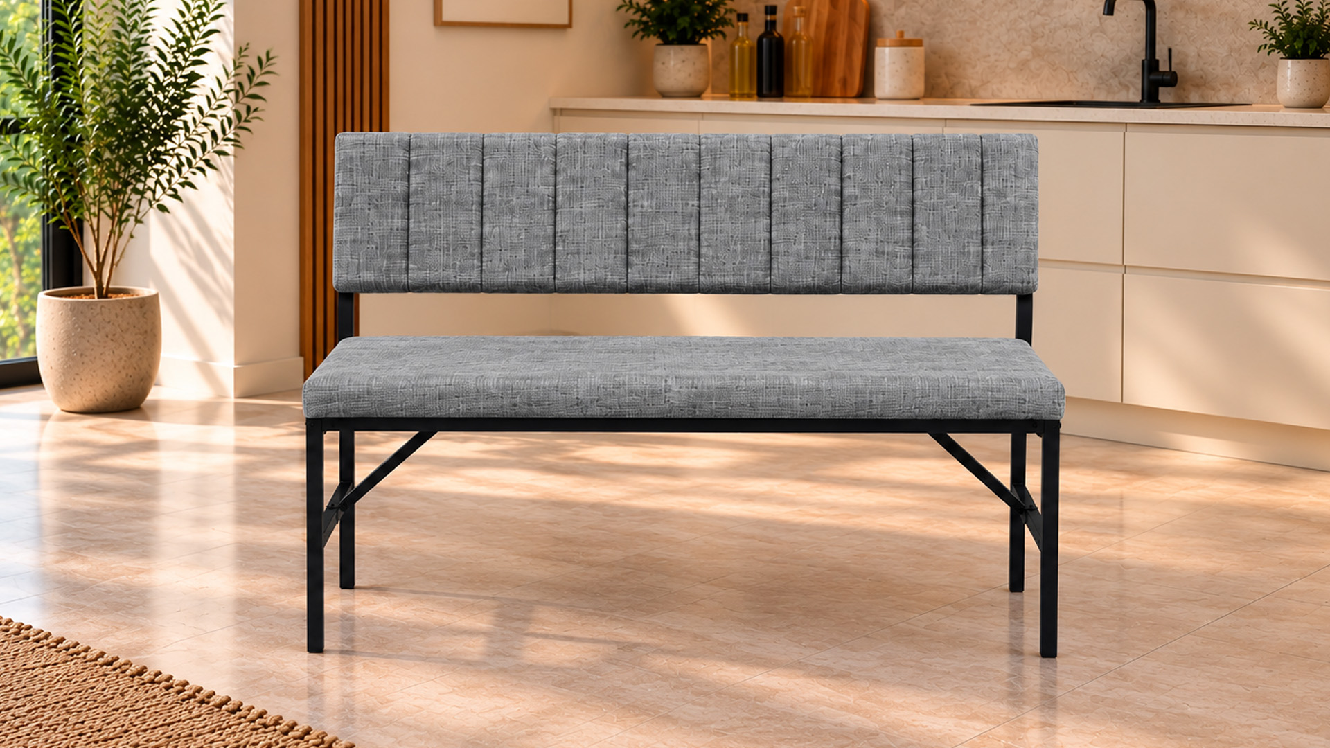 Melody Gri kumaşlı metal bench oturma bankı