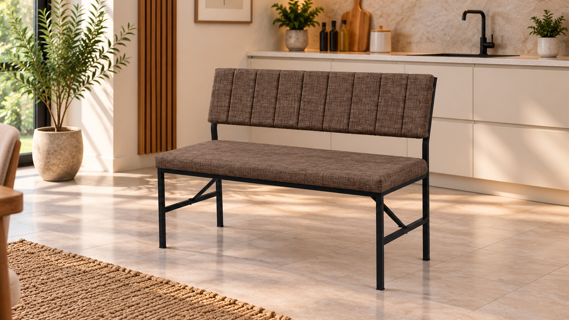 Melody Kahve kumaşlı metal bench oturma bankı
