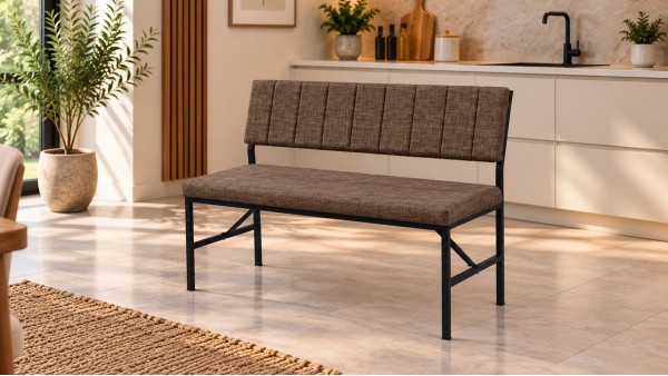Melody Keten Kumaşlı Metal Mutfak Bankı – 90 cm Yemek Masası Bench Kahve