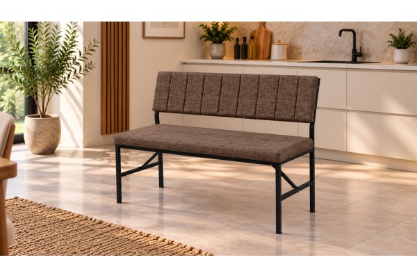 Melody Keten Kumaşlı Metal Mutfak Bankı – 90 cm Yemek Masası Bench Kahve