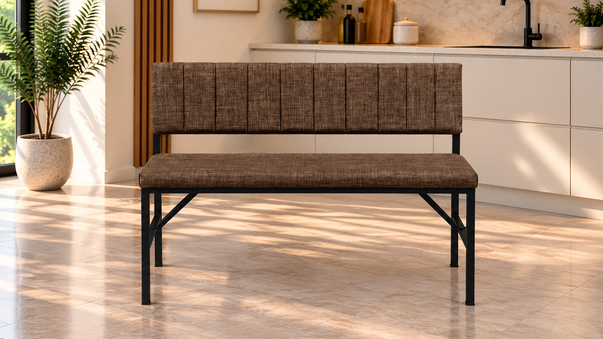 Melody Kahve kumaşlı metal bench oturma bankı