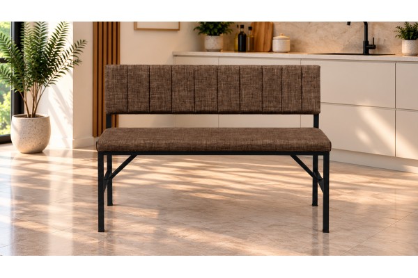 Melody Keten Kumaşlı Metal Mutfak Bankı – 90 cm Yemek Masası Bench Kahve
