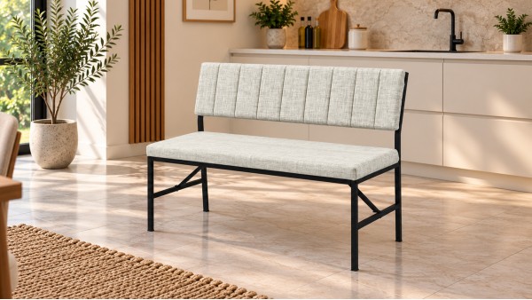 Melody Keten Kumaşlı Metal Mutfak Bankı – 90 cm Yemek Masası Bench Krem