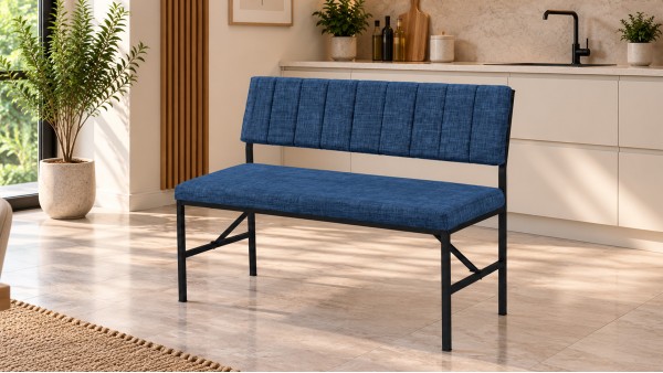 Melody Keten Kumaşlı Metal Mutfak Bankı – 90 cm Yemek Masası Bench Lacivert