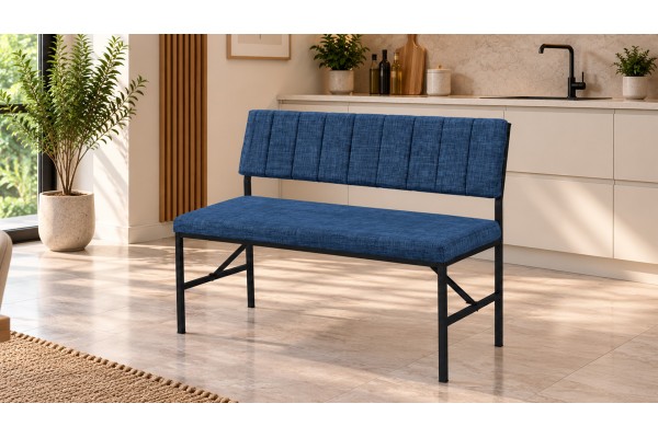 Melody Keten Kumaşlı Metal Mutfak Bankı – 90 cm Yemek Masası Bench Lacivert