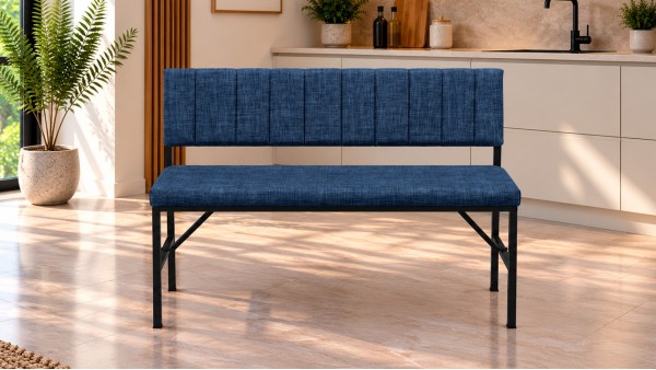 Melody Keten Kumaşlı Metal Mutfak Bankı – 90 cm Yemek Masası Bench Lacivert