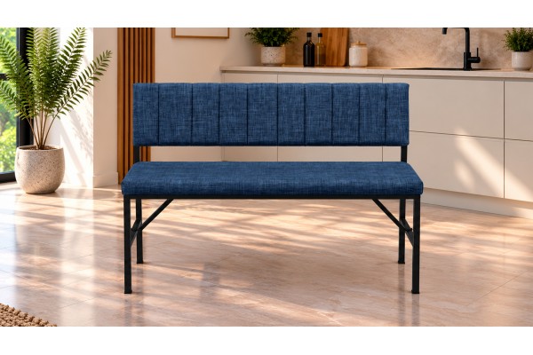 Melody Keten Kumaşlı Metal Mutfak Bankı – 90 cm Yemek Masası Bench Lacivert