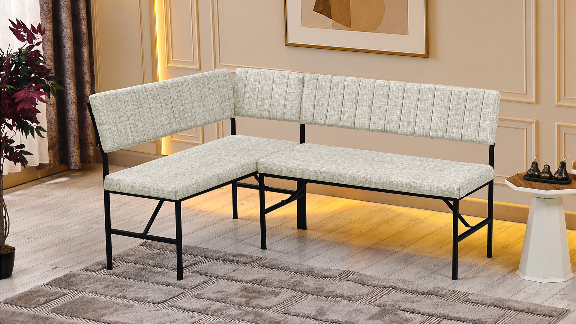 Melody 110x155 Çok Amaçlı Mutfak Köşe Bench Bank Takımı Ayrılabilir 2 Adet İkili Bench Krem