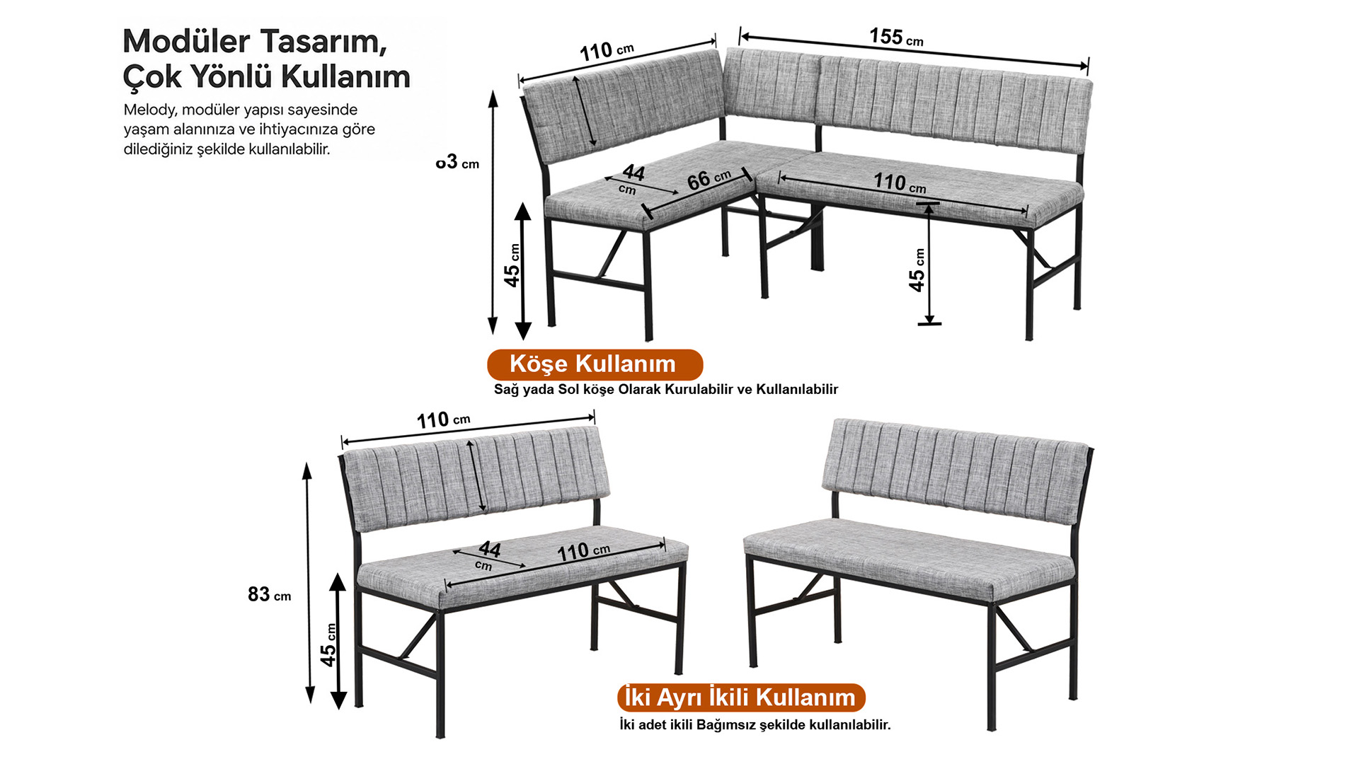 Melody 110x155 Çok Amaçlı Mutfak Köşe Bench Bank Takımı Ayrılabilir 2 Adet İkili Bench