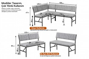 Melody 110x155 Mutfak Köşe Bench Bank Masa Takımı 2 Adet Ayrılabilir İkili Bench 70x110 Ceviz Gri