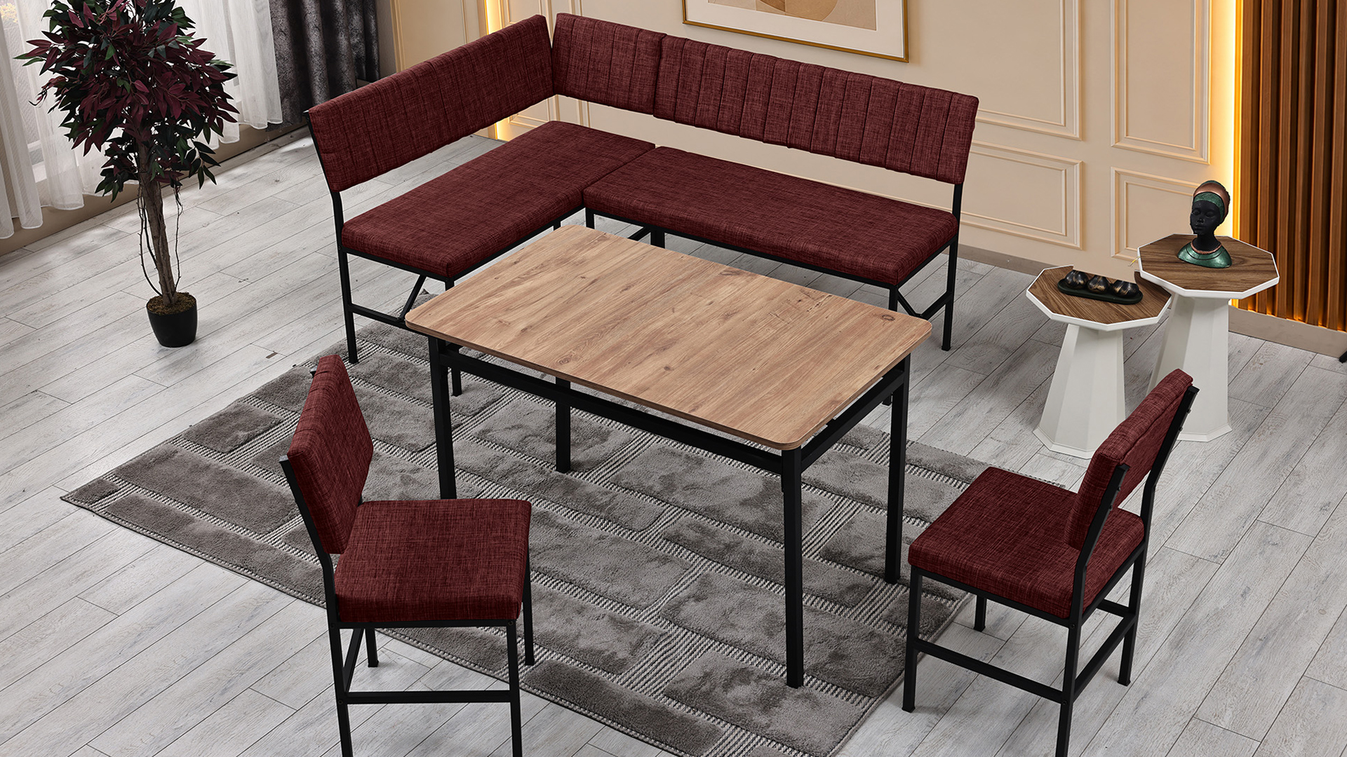 Melody 110x155 Mutfak Köşe Bench Bank Masa Takımı 2 İkili Bench 2 Sandalye 70x110 Ceviz Masa Bordo