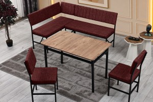 Melody 110x155 Mutfak Köşe Bench Bank Masa Takımı 2 İkili Bench 2 Sandalye 70x110 Ceviz Masa Bordo